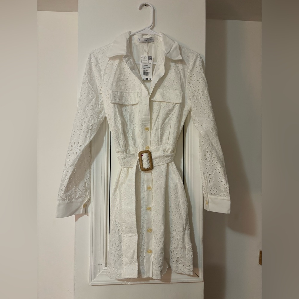 White Eyelet Shirt Dress with Belt